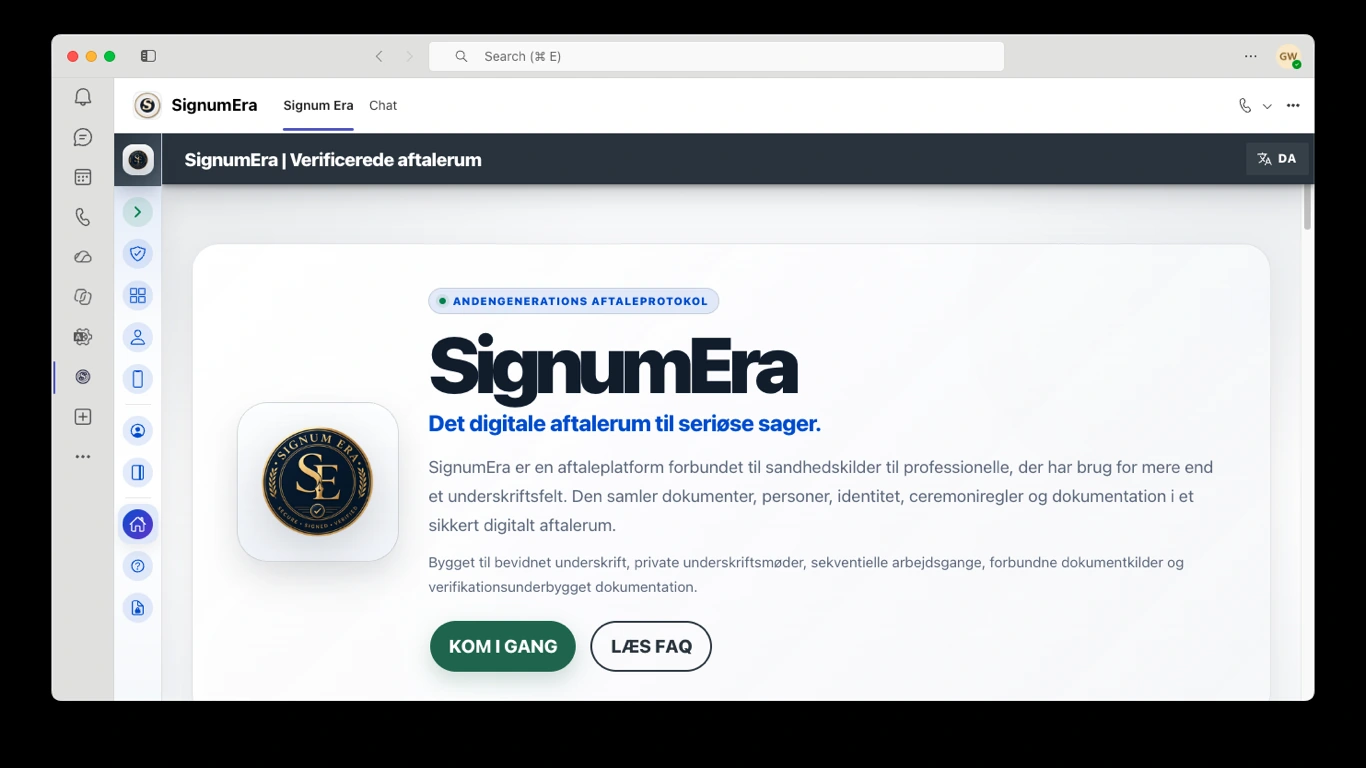 SignumEra Teams — Brug Microsoft Entra til myndighed og Microsoft 365 til records — uden at gøre nogen af dem til selve signeringsceremonien.