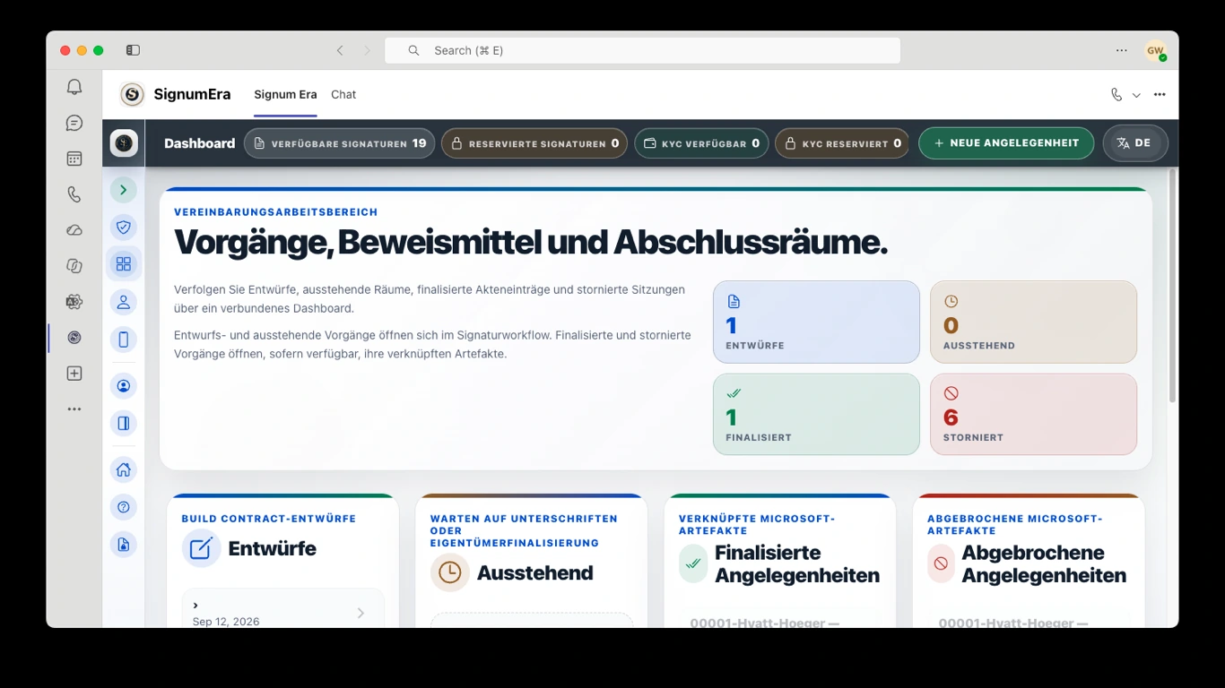 SignumEra Teams — Eine Signatur ist eine Handlung. Eine Zeremonie ist der kontrollierte Kontext, der die Handlung belastbar macht.