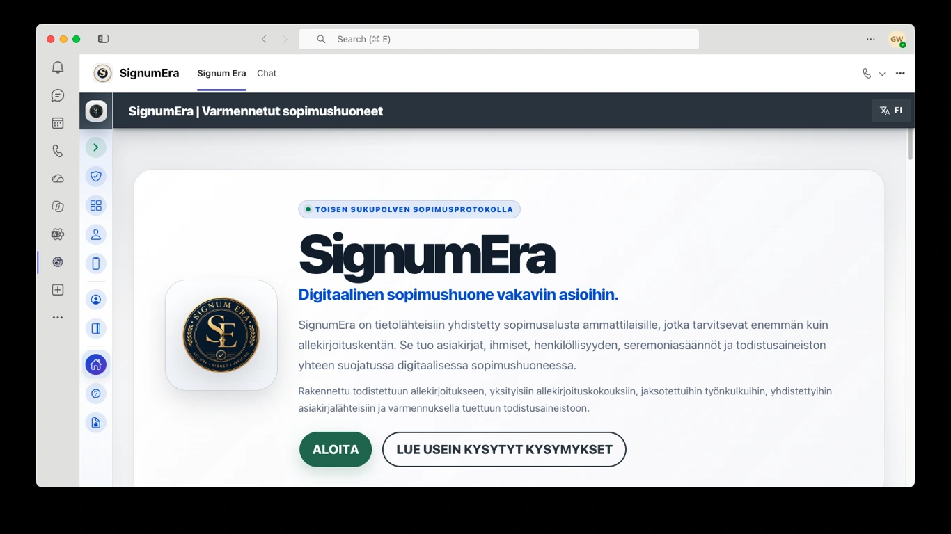 SignumEra Teams — Käytä Microsoft Entraa valtuutukseen ja Microsoft 365:tä tietueisiin — tekemättä kummastakaan itse allekirjoitusseremoniaa.