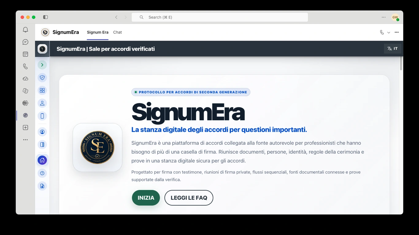 SignumEra Teams — Usa Microsoft Entra per l'autorità e Microsoft 365 per i record, senza trasformare nessuno dei due nella cerimonia di firma stessa.