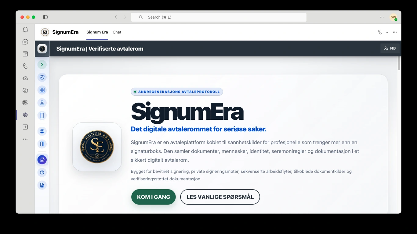 SignumEra Teams — Bruk Microsoft Entra for myndighet og Microsoft 365 for records — uten å gjøre noen av dem til selve signeringsseremonien.