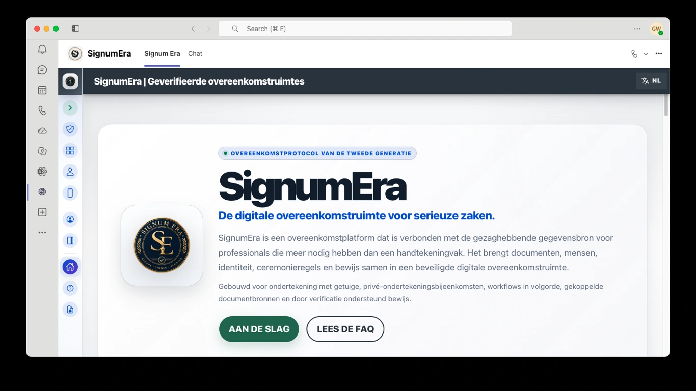 SignumEra Teams — Gebruik Microsoft Entra voor bevoegdheid en Microsoft 365 voor records — zonder een van beide tot de ondertekeningsceremonie zelf te maken.